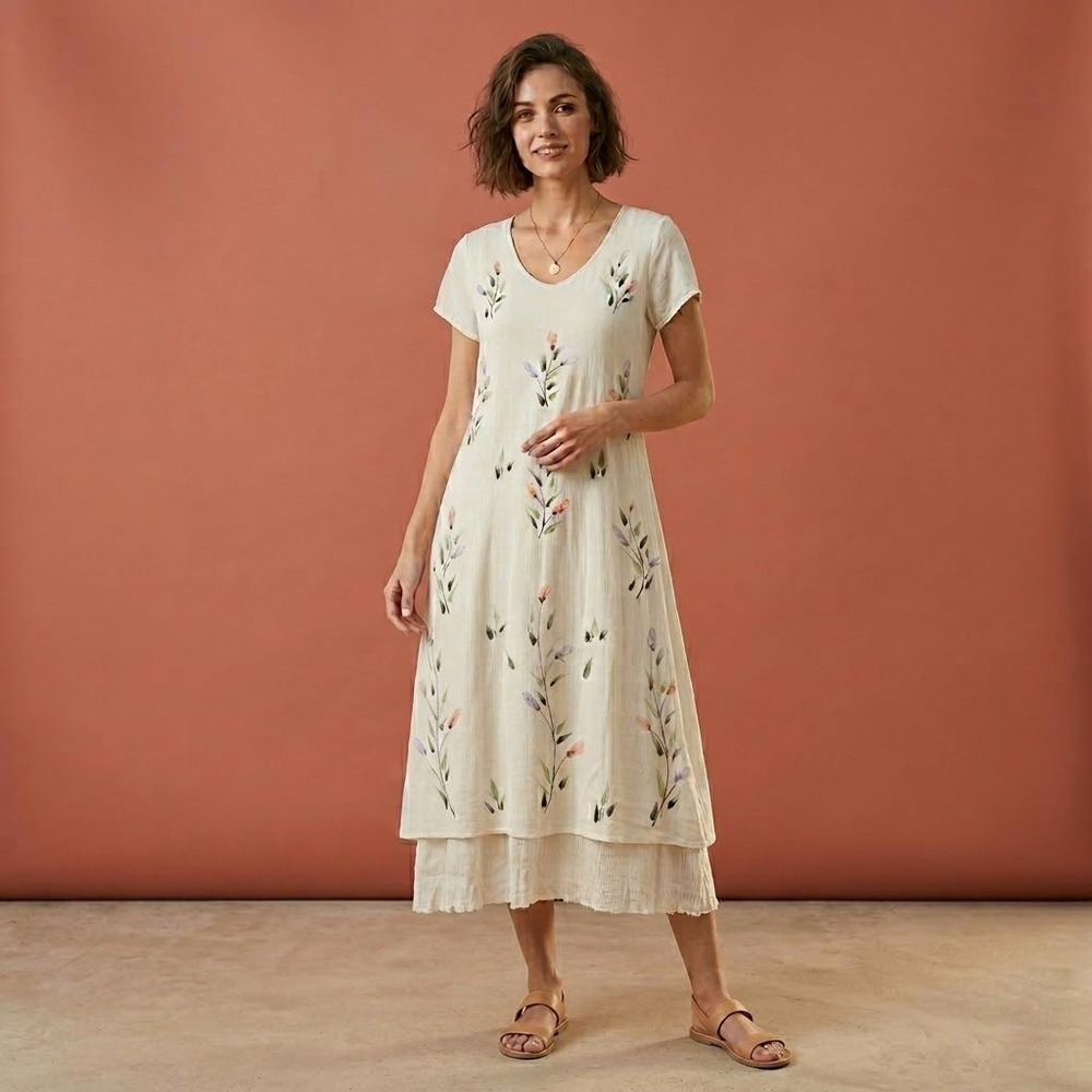 Blue Sky Design | White‎ Floral Rayon Layered Hem V-Neck Midi Dress